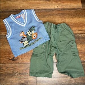 Blue Animal Knit Vest and Green Cargo Pants Set